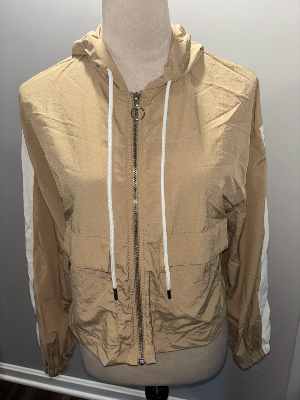 Zara Lightweight Hooded Crop Windbreaker Jacket - Tan